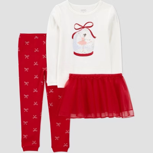 Carter's Just One You® Toddler Girls' 3pc Ballerina Christmas Tutu Long Sleeve Cotton Pajama Set - Red/White 3T