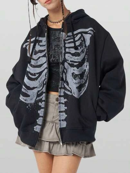 Women Y2K Skeleton Zip Up Hoodie Fairy Grunge Skull Graphic Oversized Long Sleeve Gothic Hooded Sweatshirt Pullover Tops Fall Winter Vintage Aesthetic Jacket Coats Teen Girls Goth Harajuku Clothes Outerwear Streetwear Halloween Clothes Outfits - Size S