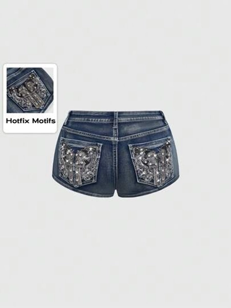ROMWE Avant Vintage Millennium Punk High Waist Super Short Embroidered Pistol Women Denim Shorts