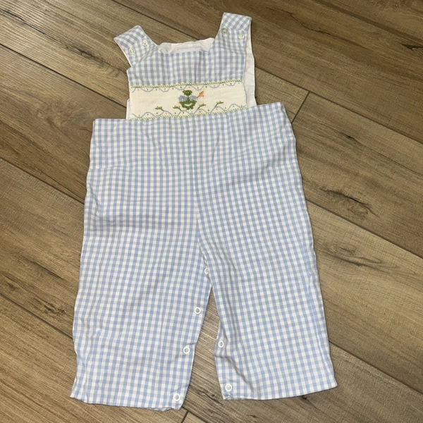 Vintage Boys Romper Overall Ghingam Blue Checkered Embroidered Frog Toddler 2