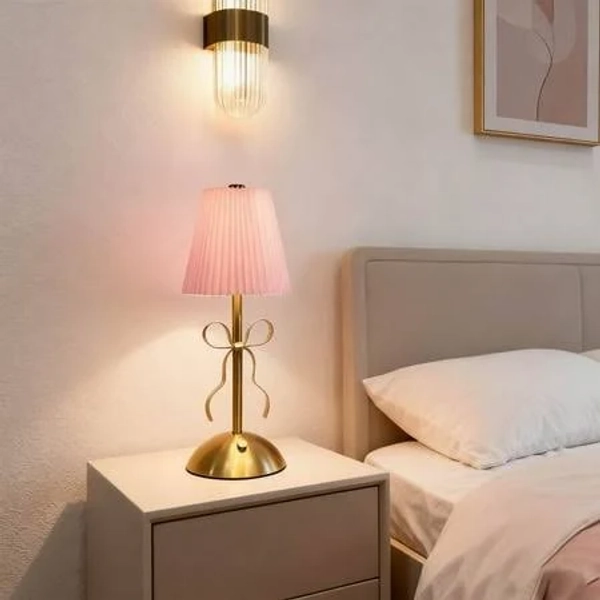 Small Gold Bow Table Lamp 13 Inch for Girl's Bedroom Cute Coquette Bow Table Lamp with Fabric Shade Modern Decorative Bedside Light Small Princess