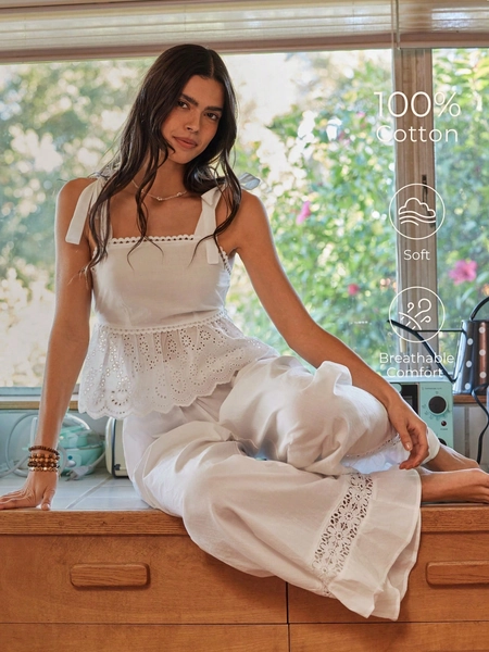 Lullawish Bohemian Style Spaghetti Strap Woven Cotton Women Pajama Set Lace For Woman Boho Women Clothing Summer Lounge Sets For Women