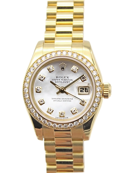 Rolex Lady-Datejust 26 179138 Mother Of Pearl Diamond Dial & Diamond Bezel Yellow Gold President Bracelet - New And Preowned Luxury Watches | Zaeger Australia