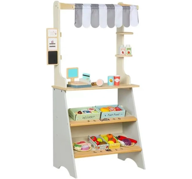 Wooden Grocery Store Playset For Kids With Toy Shelving & Cart - Oem