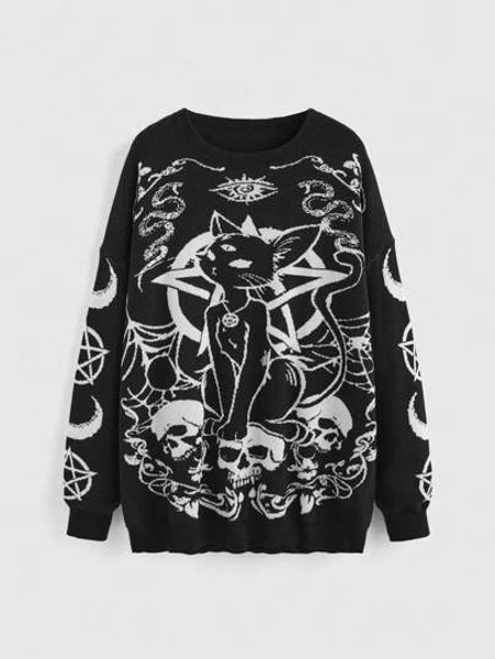 Gothic Dark Style Black Cat, Skull, Moon & Snake Intarsia Loose Fit Pullover Sweater