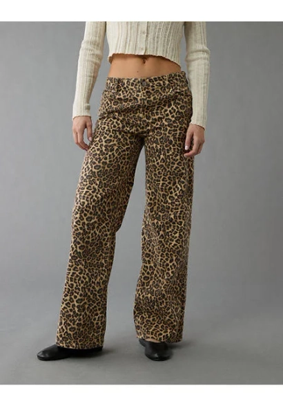 AE Women's Stretch Leopard Low-Rise Baggy Wide-Leg Pants
