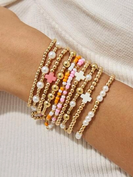 10pcs/Set Vintage Style CCB Beads And Faux Pearl Charm Bracelets, Cross Decor Elastic Stretch Bracelet Stack, Suitable For Women Everyday And Holiday Wear, Gift Jewelry (Colored Beads Order Not Fixed, Follow Actual Item)