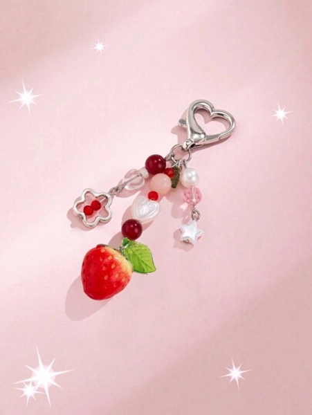 ROMWE Kawaii 1pc Cute & Sweet Style Strawberry & Star & Crystal Tassel Pendant Keychain Valentines
