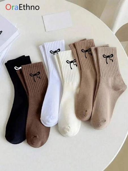 1/3/5/10 Pairs Random Women Crew Socks With Bow Design, Comfortable Casual Moisture-Wicking Thick Socks, Fun, Unique, Personalized Gift Idea For Autumn/Winter