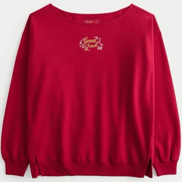Oversized Off-The-Shoulder Lunar New Year Graphic Sweatshirt