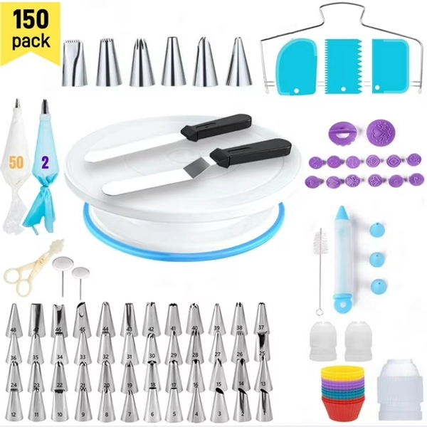 BSHAPPLUS® 150 Pcs Cake Decorating Supplies Set,Cupcake Decorating Supplies,Baking Supplies Tools,Piping Bags and Tips Set with Cake Turntable,Cake Pans,Frosting Bags,Icing Tips Pastry,Cake Scrapers