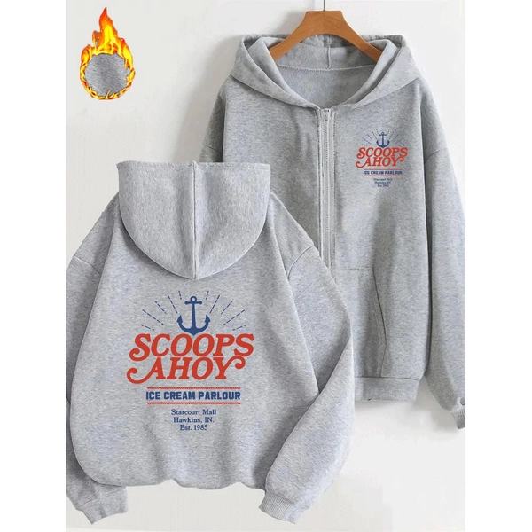 1pc Women'S Fleece-Lined Double-Sided Printed Hooded Zip-Up Sweatshirt | Casual Retro Maritime Style, Starkourt Mall Design, Soft and Comfortable, Perfect for Birthday and Holiday Gifts