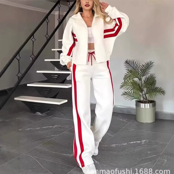 Fashion Striped Splicing Casual Hoodie Women's Suit Spring Autumn New Y2K Striped Zipper Top Coat Sports Pants Female 2piece Set
