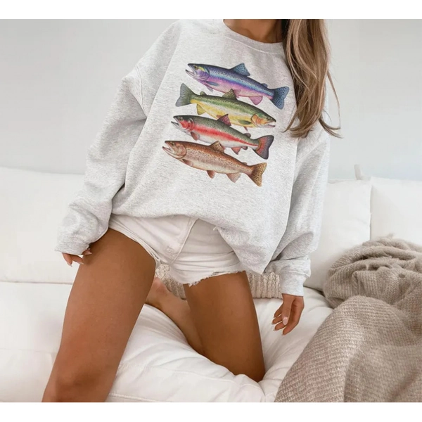 Women'S & Men'S Boho Crewneck Sweatshirt - Soft Pullover Sweater for Fly Fishing, River Outfits, Casual Winter Wear - Cozy Fall/Winter Apparel Gift for Anglers, Fishing Clothes, Angler Gift Item, Abstract Fish Design, Comfortable Fit, Outdoor Clothing, Artistic Print, Durable Material, Unisex Sweater, Outdoor Adventurers