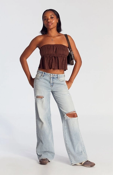 Casey Low Rise Baggy Jeans Ripped Light Indigo Wash