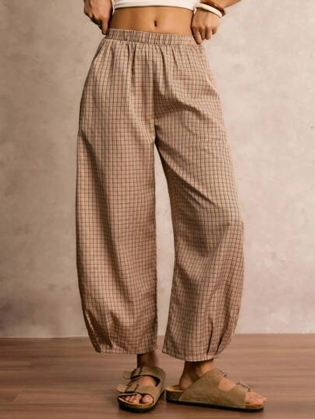 Easelle Women's Casual Brown Woven Plaid Pattern Trousers Scimitar Bloomers Trousers Plaid Retro Outdoor Autumn And Winter Fall Clothes Women