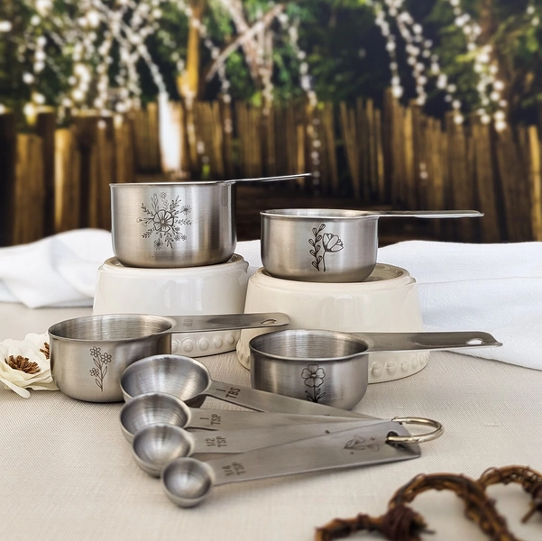 Wildflower Laser Engraved Stainless Steel Measuring Cups and Spoons: Baking Gift Set for Bakers