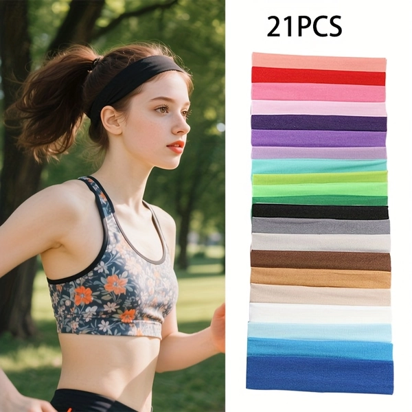 21pcs Women's & Men-like Headbands - Multi-Color Assortment (Pink, Red, White, Black, Brown, Blue, Green, Purple, Beige) | Sweat-Wicking Elastic Hair Bands for Gym, Yoga, Running, Workout | Bulk Pack with 21pcs, No Feathers,