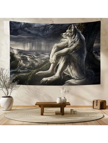 1 Pc Funny Alpha Sigma Beta Wolf Tapestry, Indoor Wall Tapestries Emo White Wolf Sitting Sad Tapestry Wall Mural Decoration For Home Decorative Paintings Tapestry Gifts Birthday Graduation