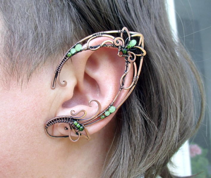 Copper Elf Ear Cuffs Ptelea : Beaded Elvish Ear Wrap, Large earrings no Piercing