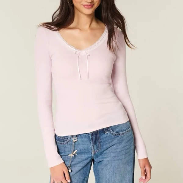 Hollister Women's Lace Trim Long-Sleeve Top