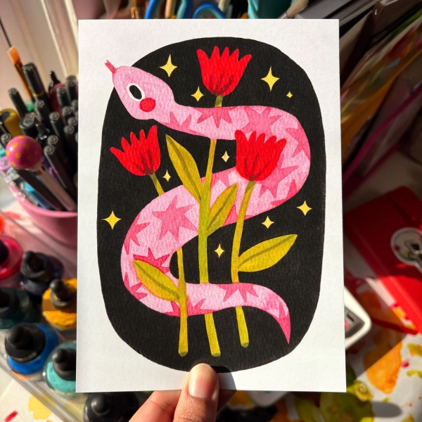 cute illustrated snake and flowers art print