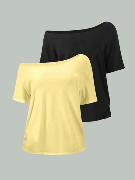 FavEase 2pcs Women's Loose Asymmetrical Neck T-Shirts, Elegant Black And Yellow Solid Color Oversized Tees