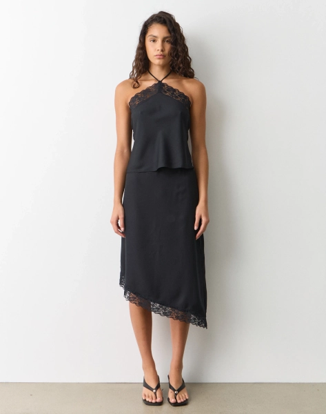 Asymmetrical Lace Trim Midi Skirt