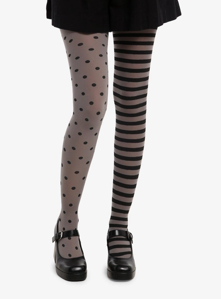 Grey & Black Striped & Polka Dot Mismatch Tights