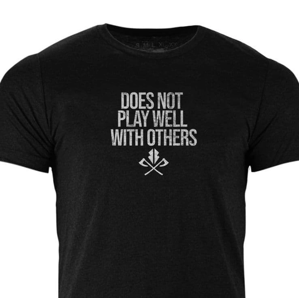 s534 Does not play well with others Tee - Heather Black - Vintage White ink, Large