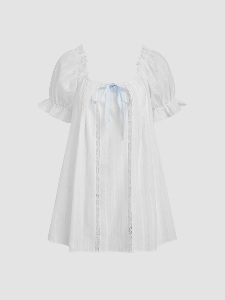 rush outfits Woven Cotton-blend U-neckline Bowknot Lettuce Trim Puff Sleeve Mini Nightdress For Home Bedroom