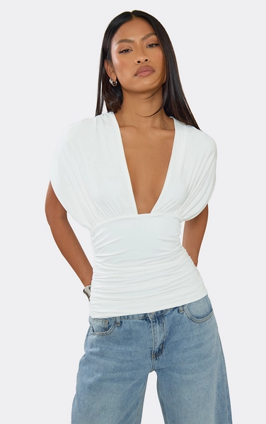 Short Sleeve Plunge Front Tie Back Detail Top In White Slinky