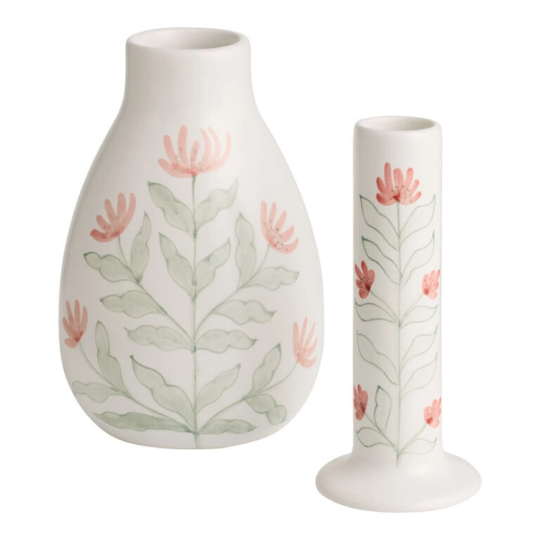 Small Ceramic Pink and Green Flowers Hand Painted Vase