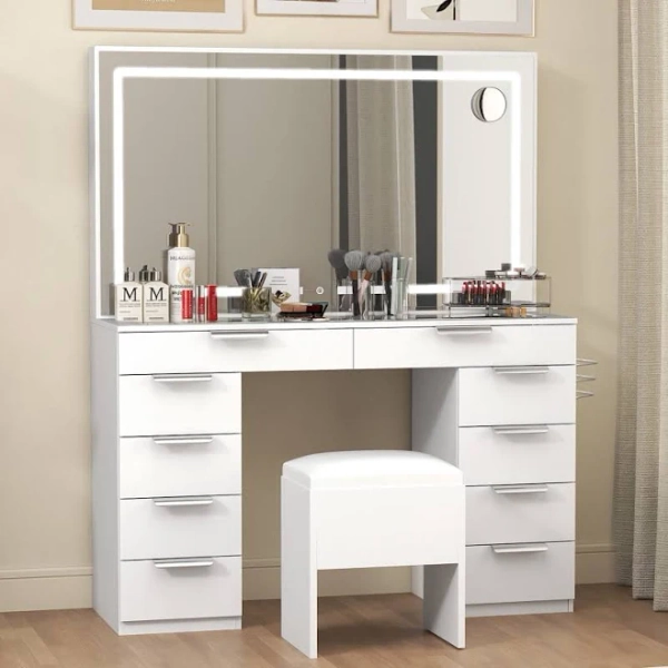 Uforic 10-Drawer Set Makeup Vanity Dressers with Light and Extra-Large Mirror