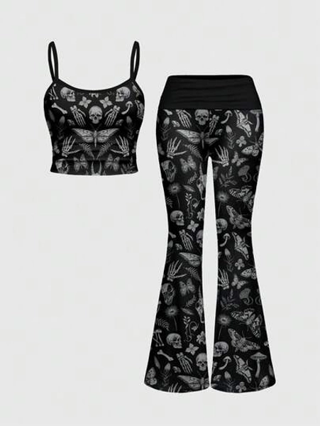 ROMWE Gothic Dark Horror Forest Skull, Moon & Star Sexy Camisole Top And Flared Low Waist Pants Women 2 Pieces Set