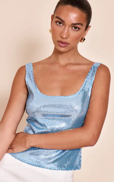 Sky Blue Sequin Scoop Neck Long Top