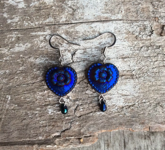Blue Flower Heart Earrings: Metallic Czech Glass Boho Drop