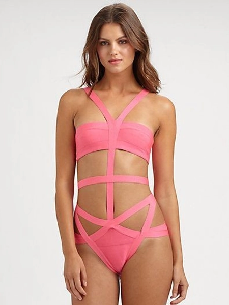 Herve Leger Neon Pink Tamara Bandage One Piece Swimsuit NWT! $740, Size XS