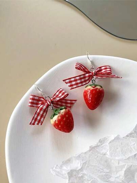 1pair Cute Strawberry Cake Design Earrings Sweet Bowknot Decor New Arrival For Women/Girls Valentines,Mom,Mother,Mother's Day,Gift