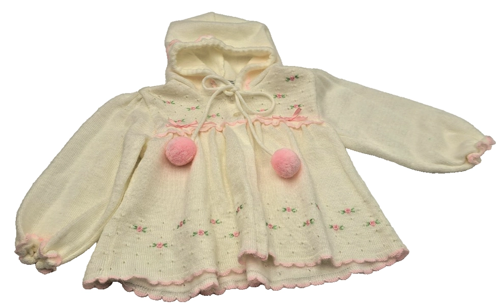 FRIEMANIT 1980s Baby Girls Hooded Pom-Pom Tie Knit Sweater 12 Mo Button Up READ