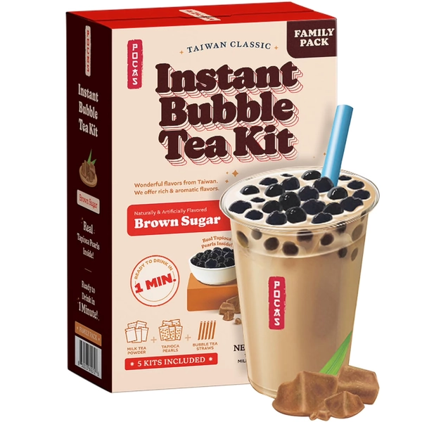 Pocas Bubble Tea Kit, Brown Sugar – Instant Milk Tea Powder with Authentic Tapioca Pearls for Instant Bubble Tea, 5 Kits 15OZ
