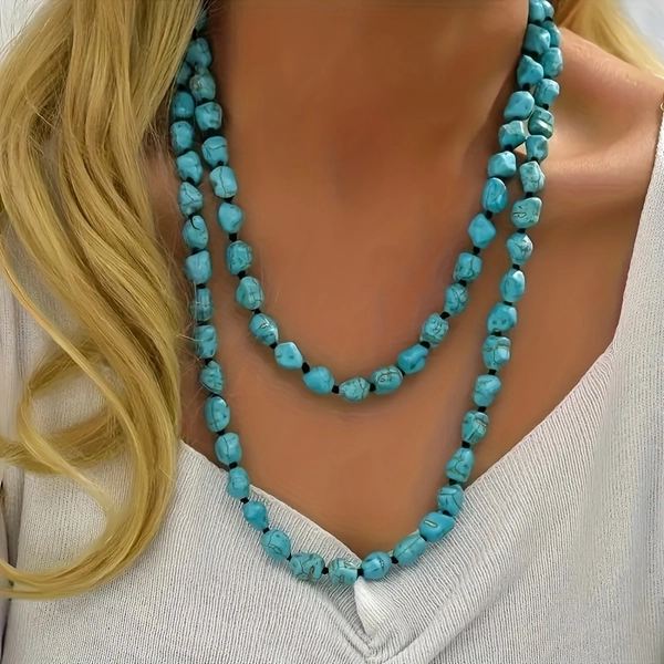 Double Layer Turquoise Necklace Bohemian Style Natural Stone Beads Long Chain Jewelry for Women, Everyday &amp; Special Occasion Gift, Year-Round Versatile Accessory