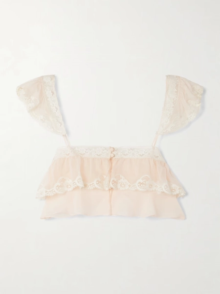 Chloé - Cropped Lace-trimmed Organic Silk-mousseline Top - Orange