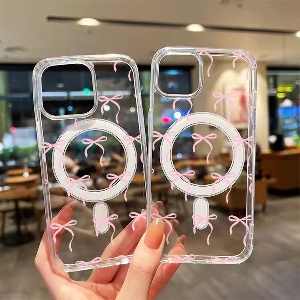 Transparent Magnetic Case with a Pink Bow for Iphone 11 to 17 Pro Max, Featuring Shockproof Protection