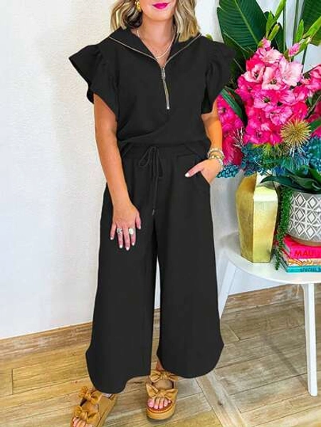 Acelitt Summer Solid Color Knitted Texture Ruffle Sleeve Zip-Up Top And Wide-Leg Pants Set, Casual Wear For Home & Outdoor