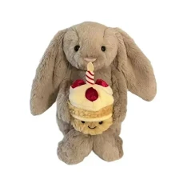 New JellyCat 30cm shy Bonnie Rabbit holding a plush birthday cake doll, accompanying cats, dogs, and