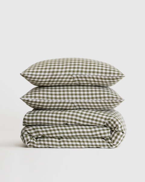 European Linen Gingham Duvet Cover Set in Olive