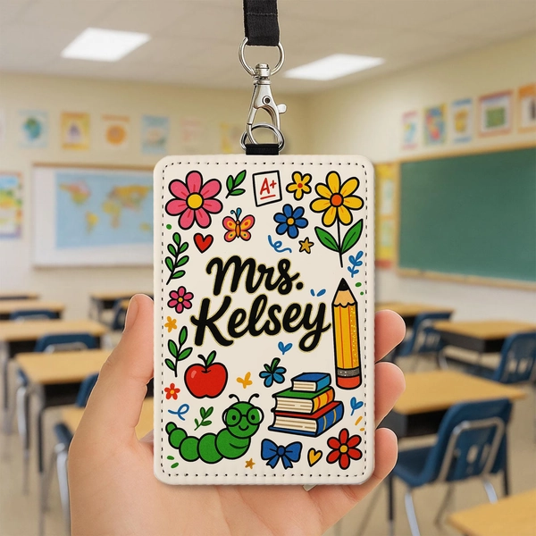 Personalized Floral Leather Teacher Badge Holder: Custom Engraved ID Card Lanyard