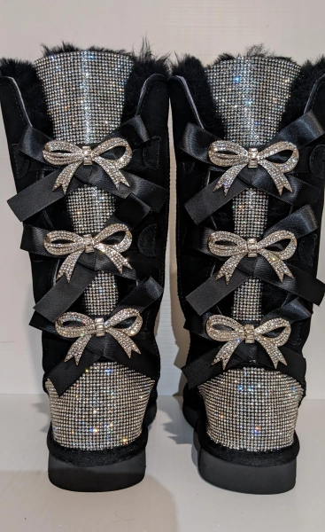 Custom Bling Black Genuine Australian Sheepskin Boots with Silver Diamond Bows