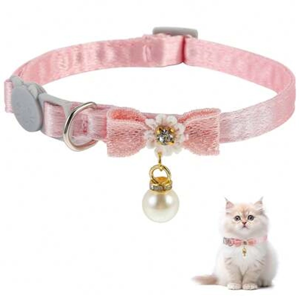 Detachable Cat Collar With Pearl Pendant, Quick Release Buckle, Pink Bow Tie, Adjustable, Suitable For Kittens & Puppies, Made Of Polyester, White Beads, Cat Clasp, Adjustable, Floral Decor, Pet Necklace, Dog Collar, Fashionable For Cats And Dogs - Size one-size